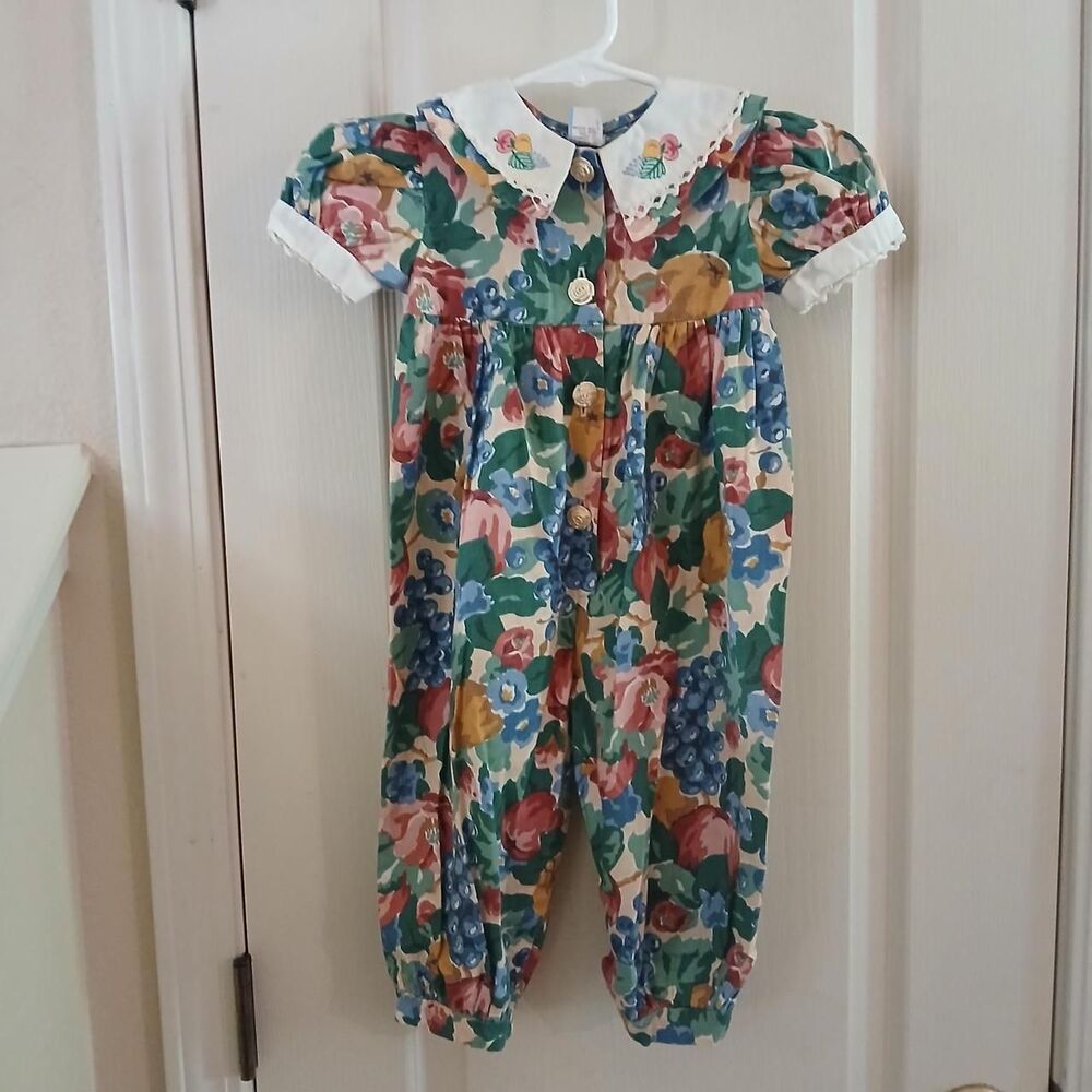 VTG 90s Fruit/Floral Bubble Romper Peter Pan Collar Embroidery 18m Artsy Cottage